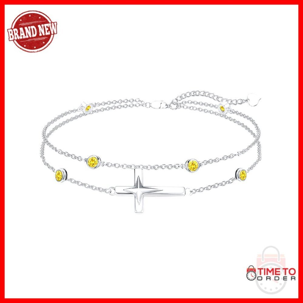 925 Sterling Silver Cross Birthstone Anklet Adjustable 7+2 Inch